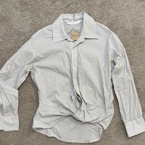 Astr Women's Striped Button Down Shirt - White and Gray